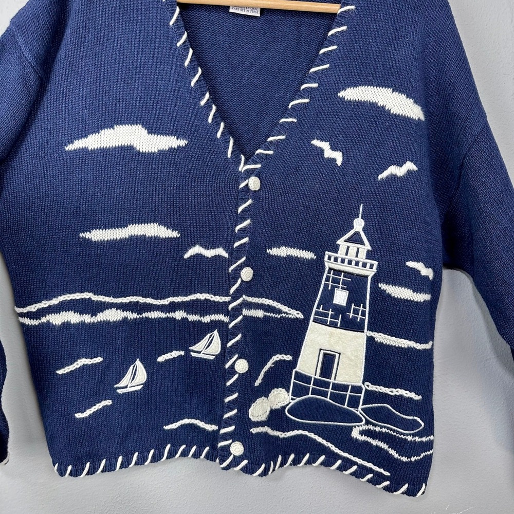 Vintage Cardigan Top Set Womens Size L Navy Blue Nautical Lighthouse Timberlea - Picture 6 of 15